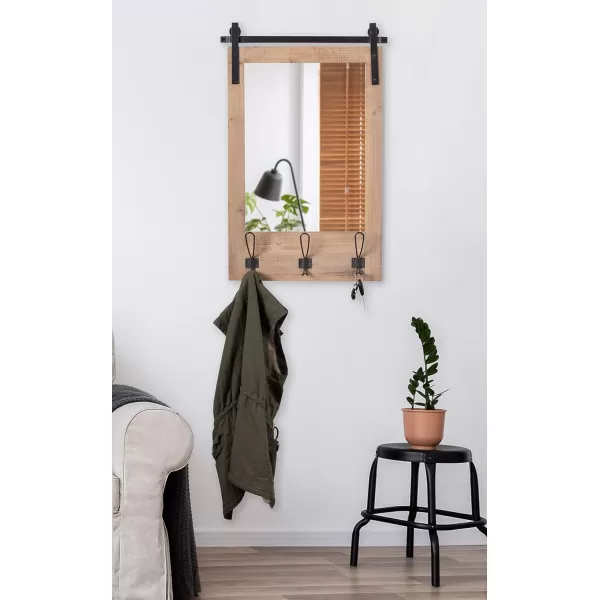 Kate and Laurel Cates Rustic Wall Mirror with Hooks 18 x 28 Black Farmhouse Wall Decor with FunctionRustic Brown