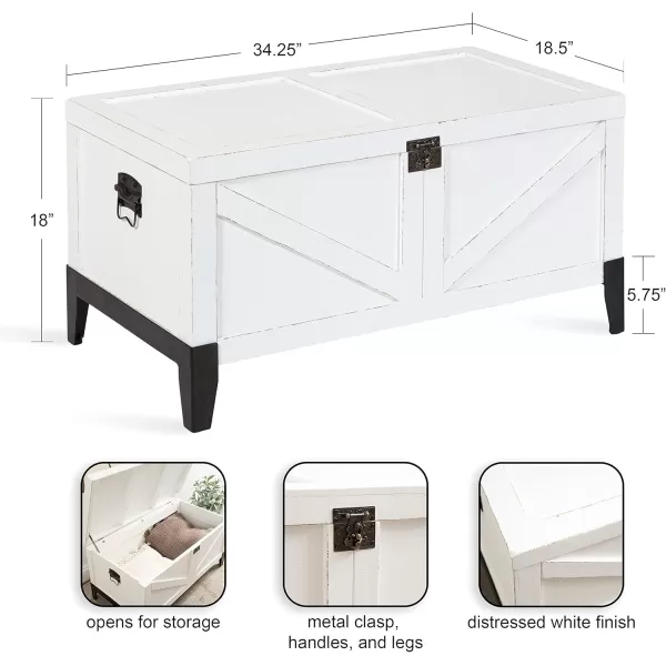 Kate and Laurel Cates Wooden Coffee Table with Trunk Storage 35 x 19 x 18 White and Black Rustic Farmhouse Living Room Chest Table with Barn DoorInspired Styling