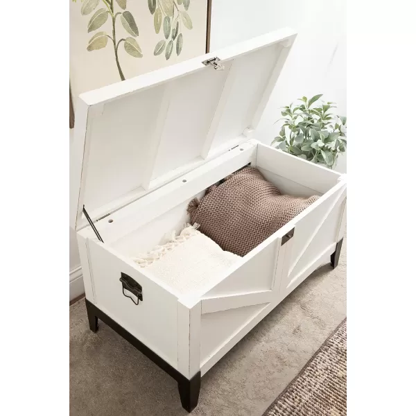 Kate and Laurel Cates Wooden Coffee Table with Trunk Storage 35 x 19 x 18 White and Black Rustic Farmhouse Living Room Chest Table with Barn DoorInspired Styling