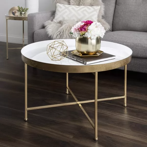 Kate and Laurel Celia Metal Foldable Round Accent Coffee Table 2825quot x 2825quot x 19quot Mirrored Surface and Gold Frame Modern Minimalist Design and Detachable Magnetic TabletopWhiteGold
