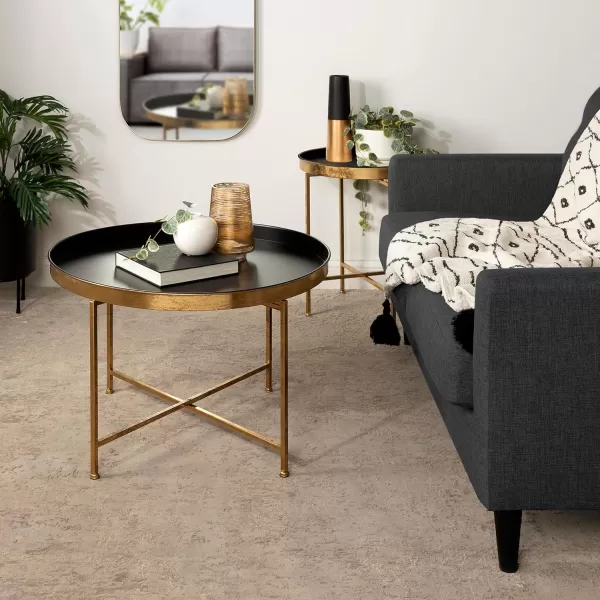Kate and Laurel Celia Metal Foldable Round Accent Coffee Table 2825quot x 2825quot x 19quot Mirrored Surface and Gold Frame Modern Minimalist Design and Detachable Magnetic TabletopBlackGold