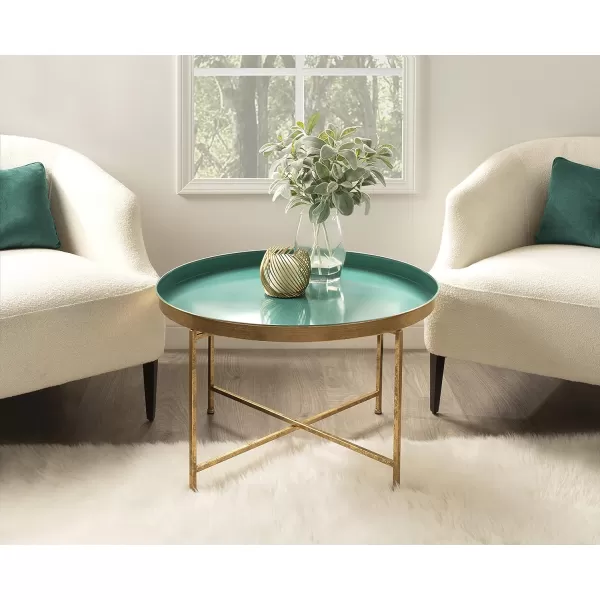 Kate and Laurel Celia Metal Foldable Round Accent Coffee Table 2825quot x 2825quot x 19quot Mirrored Surface and Gold Frame Modern Minimalist Design and Detachable Magnetic TabletopTealGold
