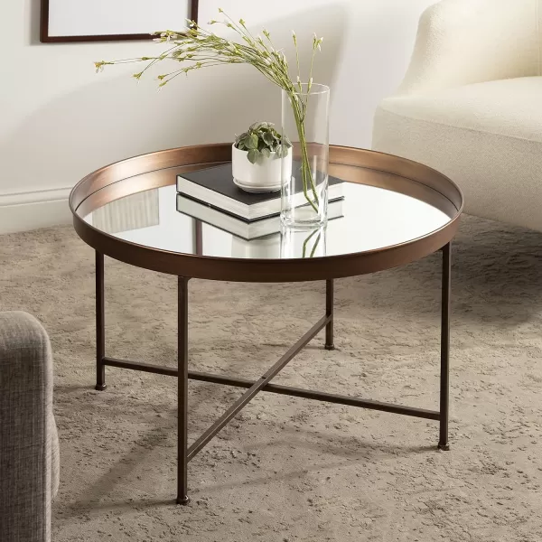 Kate and Laurel Celia Metal Foldable Round Accent Coffee Table 2825quot x 2825quot x 19quot Mirrored Surface and Gold Frame Modern Minimalist Design and Detachable Magnetic TabletopBronze
