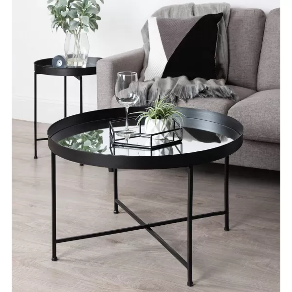 Kate and Laurel Celia Metal Foldable Round Accent Coffee Table 2825quot x 2825quot x 19quot Mirrored Surface and Gold Frame Modern Minimalist Design and Detachable Magnetic TabletopBlack