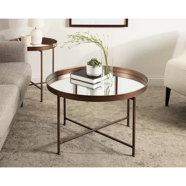Kate and Laurel Celia Metal Foldable Round Accent Coffee Table 2825quot x 2825quot x 19quot Mirrored Surface and Gold Frame Modern Minimalist Design and Detachable Magnetic TabletopBronze