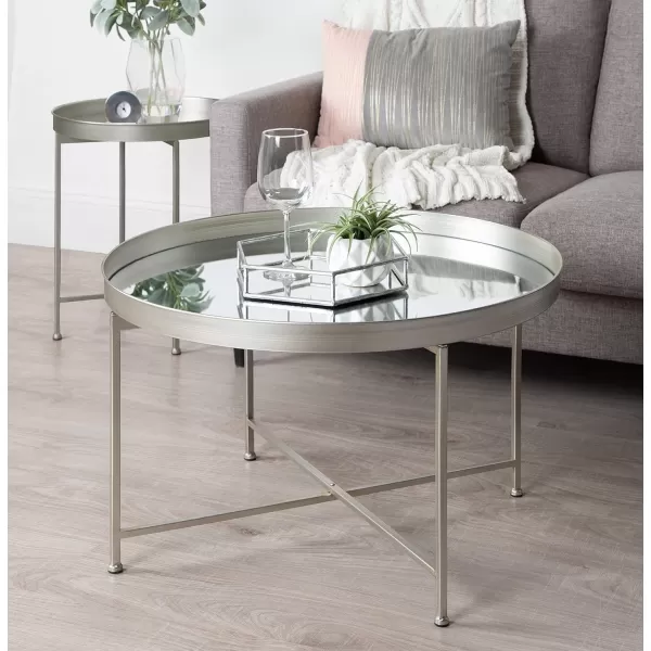 Kate and Laurel Celia Metal Foldable Round Accent Coffee Table 2825quot x 2825quot x 19quot Mirrored Surface and Gold Frame Modern Minimalist Design and Detachable Magnetic TabletopSilver