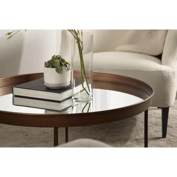 Kate and Laurel Celia Metal Foldable Round Accent Coffee Table 2825quot x 2825quot x 19quot Mirrored Surface and Gold Frame Modern Minimalist Design and Detachable Magnetic TabletopBronze