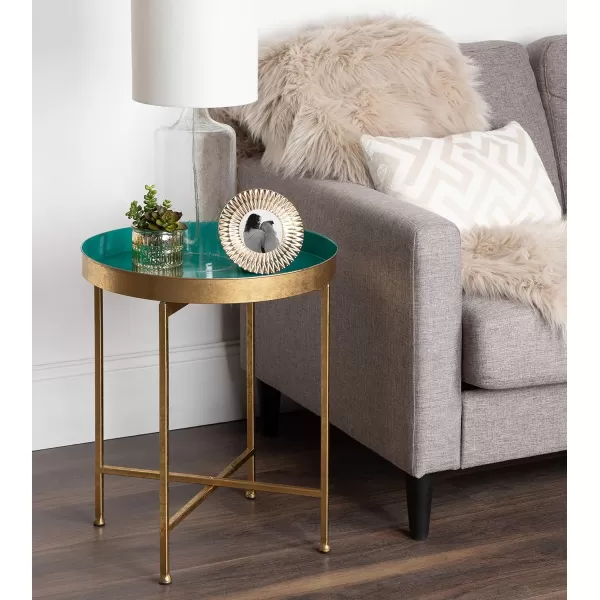 Kate and Laurel Celia Metal Foldable Round Accent Table 1825quot x 1825quot x 22quot White Surface and Gold Frame Modern Minimalist Design and Detachable Magnetic TabletopGoldTeal