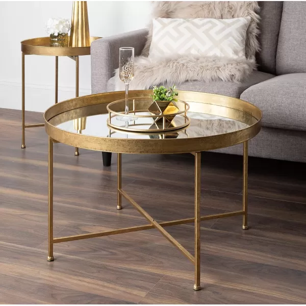 Kate and Laurel Celia Metal Foldable Round Accent Table 1825quot x 1825quot x 22quot White Surface and Gold Frame Modern Minimalist Design and Detachable Magnetic TabletopGoldMirror