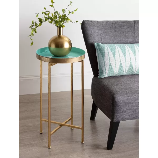 Kate and Laurel Celia Round Foldable Tray Accent Table 14quot x 14quot x 2575quot Light Teal and Gold Modern Minimalist Design and Magnetic Tabletop