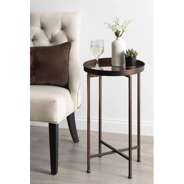 Kate and Laurel Celia Round Metal Foldable Accent Table with Mirror Tray Top Bronze