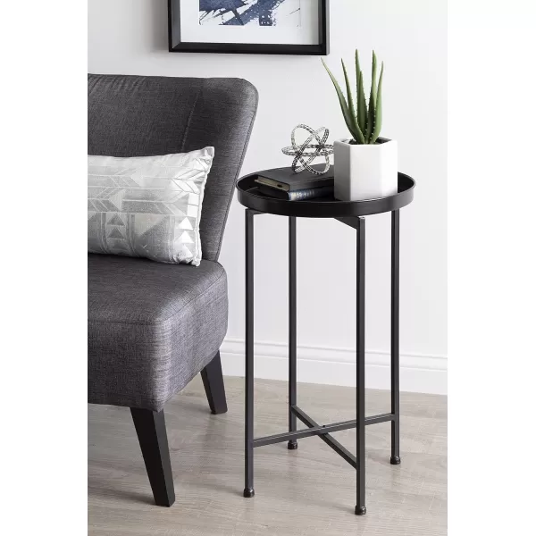 Kate and Laurel Celia Round Metal Foldable Accent Table with Tray Top Black