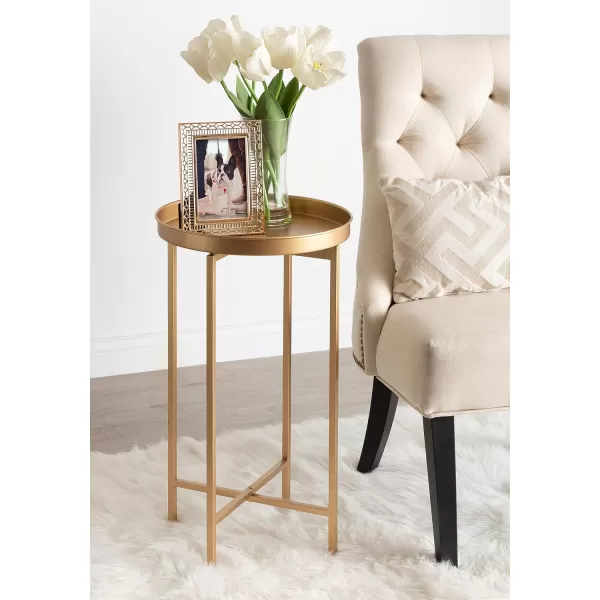 Kate and Laurel Celia Round Metal Foldable Accent Table with Tray Top Gold
