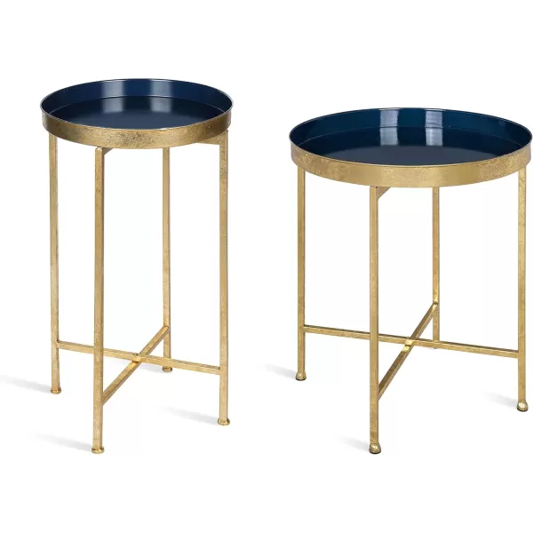 Kate and Laurel Celia Round Metal Foldable Tray Accent Table Navy Blue with Gold Base