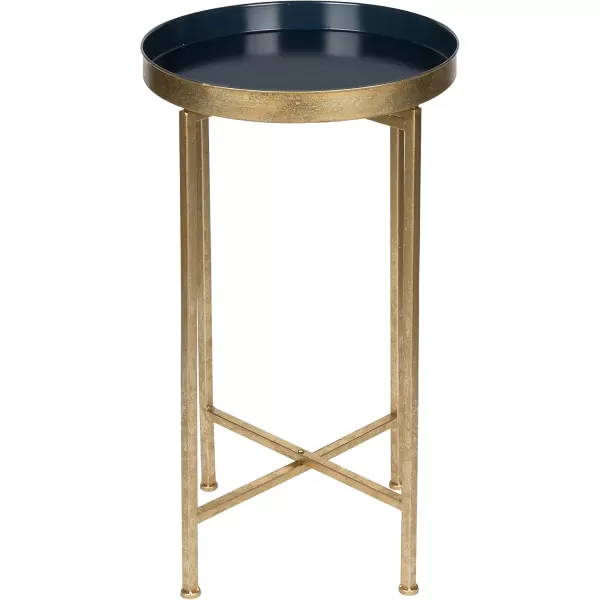 Kate and Laurel Celia Round Metal Foldable Tray Accent Table Navy Blue with Gold Base