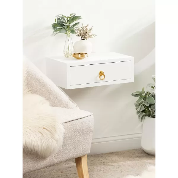 Kate and Laurel Decklyn Floating Wood Side Table 18 x 12 x 6 White Decorative Modern Glam Floating Wall Shelf with a Concealed Drawer Compartment for StorageWhiteGold