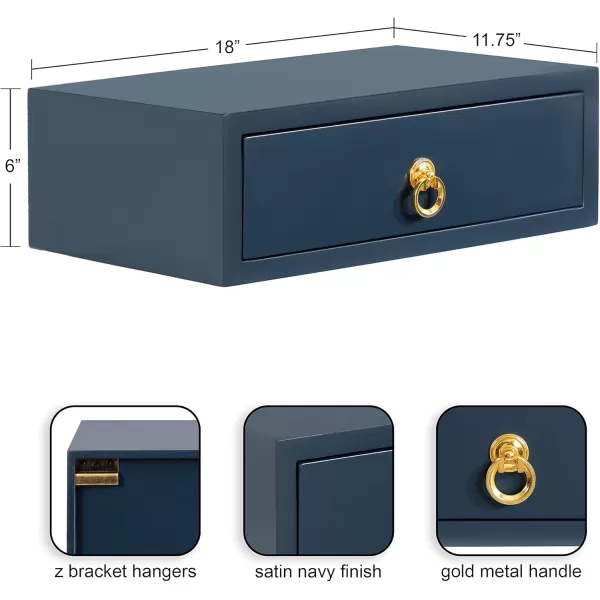 Kate and Laurel Decklyn Floating Wood Side Table 18 x 12 x 6 White Decorative Modern Glam Floating Wall Shelf with a Concealed Drawer Compartment for StorageNavy BlueGold