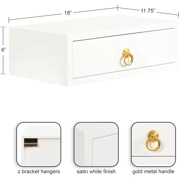 Kate and Laurel Decklyn Floating Wood Side Table 18 x 12 x 6 White Decorative Modern Glam Floating Wall Shelf with a Concealed Drawer Compartment for StorageWhiteGold