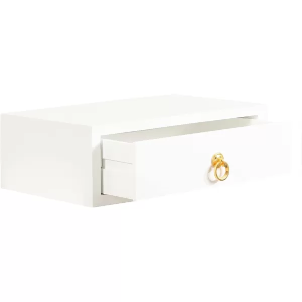 Kate and Laurel Decklyn Floating Wood Side Table 18 x 12 x 6 White Decorative Modern Glam Floating Wall Shelf with a Concealed Drawer Compartment for StorageWhiteGold