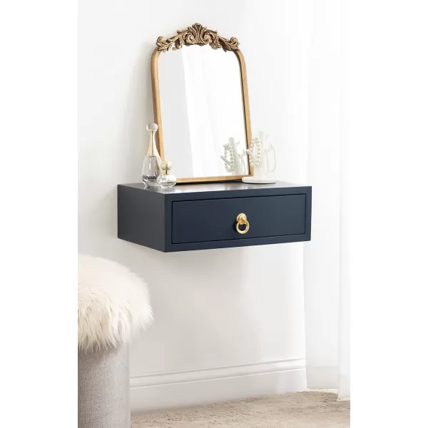 Kate and Laurel Decklyn Floating Wood Side Table 18 x 12 x 6 White Decorative Modern Glam Floating Wall Shelf with a Concealed Drawer Compartment for StorageNavy BlueGold
