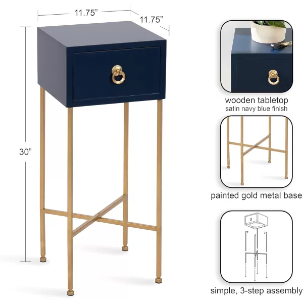 Kate and Laurel Decklyn Modern Glam Metal and Wooden Tea Table with Useful Storage Drawer 12x12x30 WhiteGoldNavy BlueGold