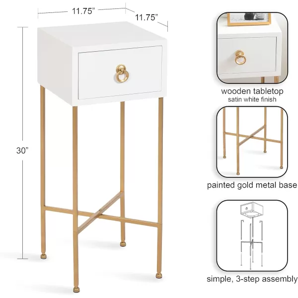 Kate and Laurel Decklyn Modern Glam Metal and Wooden Tea Table with Useful Storage Drawer 12x12x30 WhiteGoldWhiteGold