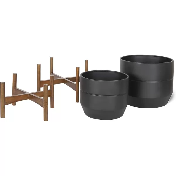 Kate and Laurel Dolbry MidCentury Modern Metal Planters Set of 2 Black with Walnut Brown Base Modern Freestanding Pots for Indoor Plants