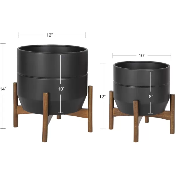 Kate and Laurel Dolbry MidCentury Modern Metal Planters Set of 2 Black with Walnut Brown Base Modern Freestanding Pots for Indoor Plants