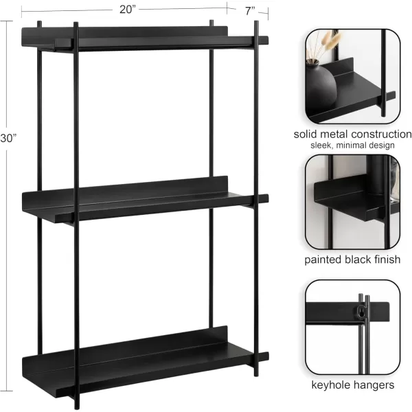 Kate and Laurel Dominic Modern Metal Bathroom Shelf 20 x 7 x 30 Dark Gold Sleek Glam 3Tier Floating Shelves for Wall Decor Display and Over Toilet StorageBlack