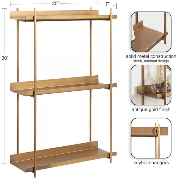 Kate and Laurel Dominic Modern Metal Bathroom Shelf 20 x 7 x 30 Dark Gold Sleek Glam 3Tier Floating Shelves for Wall Decor Display and Over Toilet StorageGold