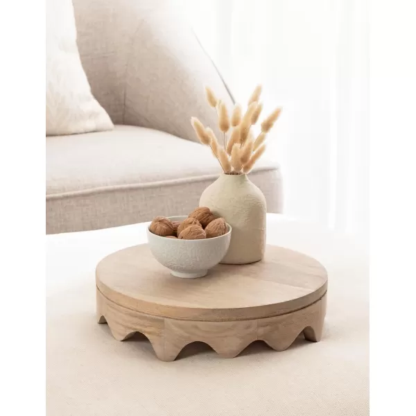 Kate and Laurel Fairlee Decorative Wavy Round Tray 12 Inch Diameter Natural Wood Modern Scalloped Circle Serving Tray for Coffee Table Ottoman Tray Dining Table Centerpiece or Entryway Catchall