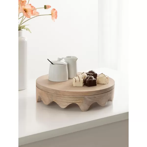 Kate and Laurel Fairlee Decorative Wavy Round Tray 12 Inch Diameter Natural Wood Modern Scalloped Circle Serving Tray for Coffee Table Ottoman Tray Dining Table Centerpiece or Entryway Catchall