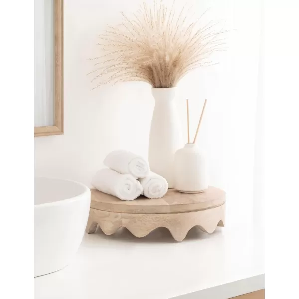 Kate and Laurel Fairlee Decorative Wavy Round Tray 12 Inch Diameter Natural Wood Modern Scalloped Circle Serving Tray for Coffee Table Ottoman Tray Dining Table Centerpiece or Entryway Catchall