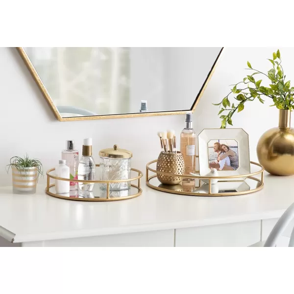 Kate and Laurel Felicia Modern Glam Metal Nesting Trays  Decorative Round Shape with Handles and Mirror Surface Set of 2 Gold
