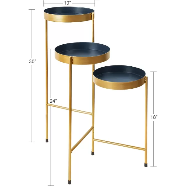 Kate and Laurel Finn TriLevel Metal Plant Stand Black and Gold Decorative Hinged Tray Stand DisplayNavy BlueGold