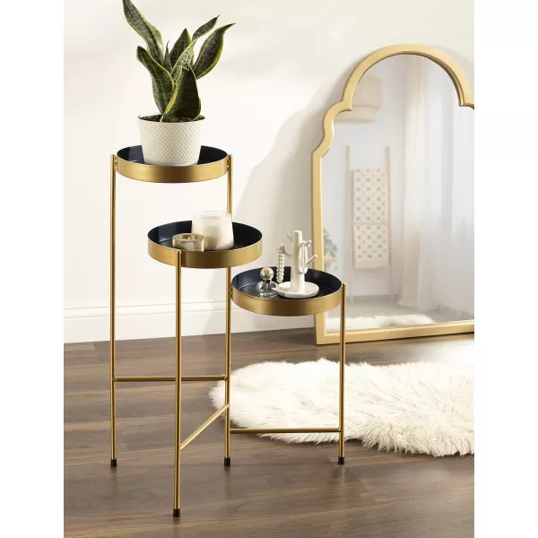 Kate and Laurel Finn TriLevel Metal Plant Stand Black and Gold Decorative Hinged Tray Stand DisplayNavy BlueGold