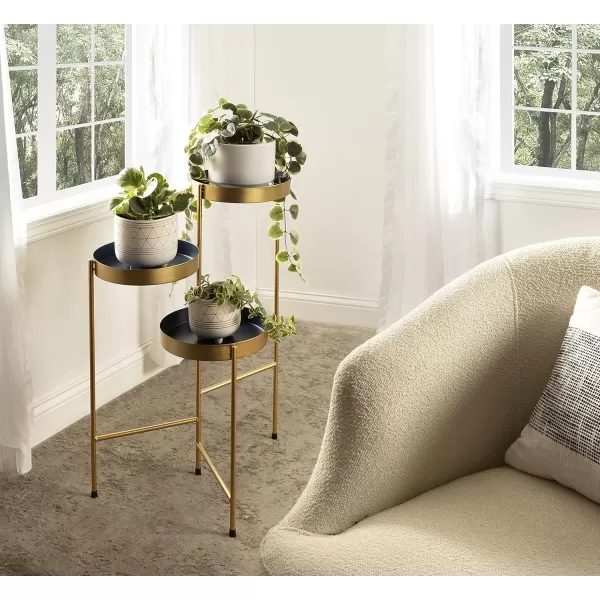 Kate and Laurel Finn TriLevel Metal Plant Stand Black and Gold Decorative Hinged Tray Stand DisplayNavy BlueGold