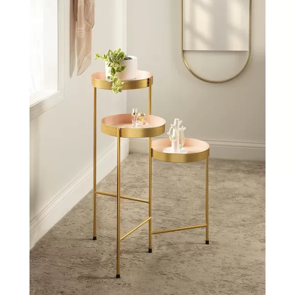Kate and Laurel Finn TriLevel Metal Plant Stand Black and Gold Decorative Hinged Tray Stand DisplayPinkGold