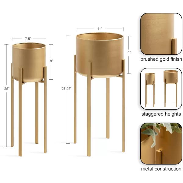 Kate and Laurel Gabi Decorative Glam Metal Planters Set of 2 Satin Gold Modern Metallic Indoor Planter Set for Display and Decoration for Use as Living Room Planters or Porch Plant StandsGold