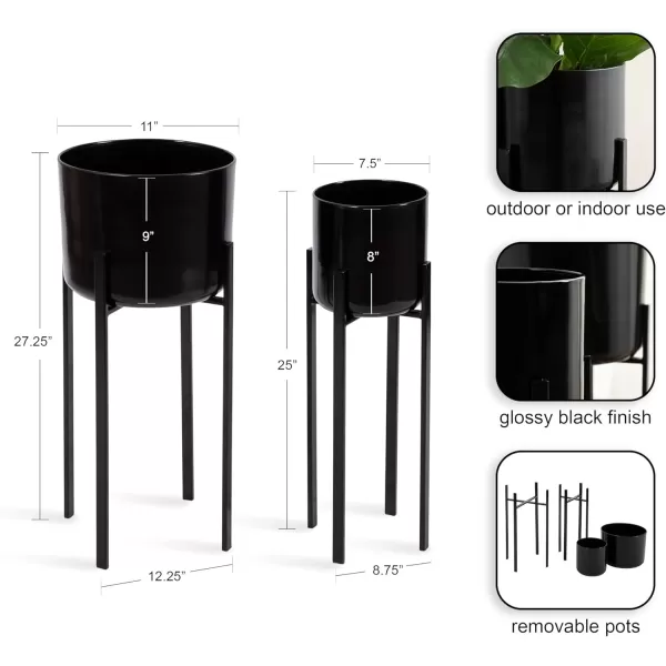 Kate and Laurel Gabi Decorative TwoPiece Metal Planters Set of 2 Black Modern Metal Outdoor or Indoor Plant Stands for Use as Living Room Planters or Porch Plant Stands