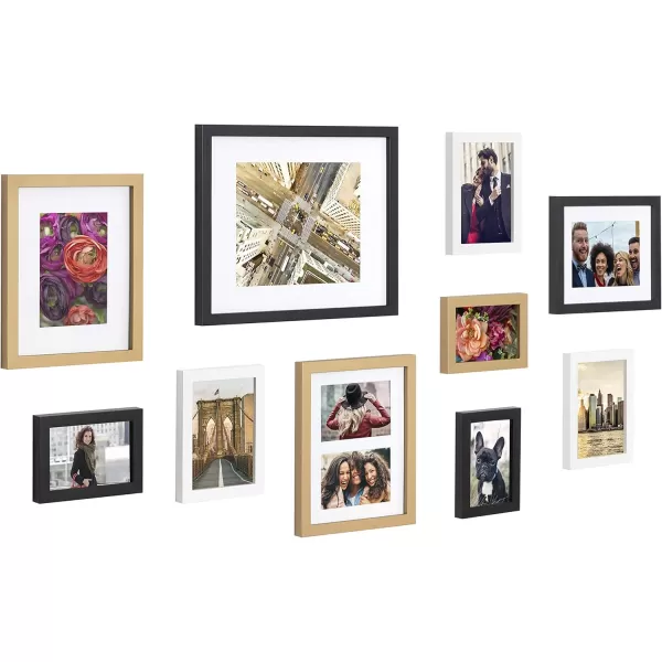 Kate and Laurel Gallery MidCentury Wood Wall Frame Set Set of 10 Walnut Brown Gold Black and WhiteMultiGold