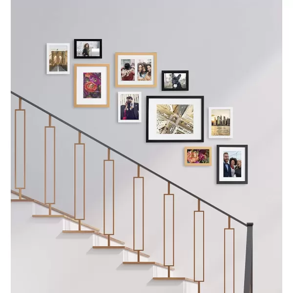 Kate and Laurel Gallery MidCentury Wood Wall Frame Set Set of 10 Walnut Brown Gold Black and WhiteMultiGold