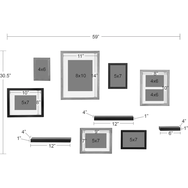 Kate and Laurel Gallery Wall Frame and Shelf Kit Set of 10 Three Modern Glam Finishes Assorted Size Photo FramesAssorted