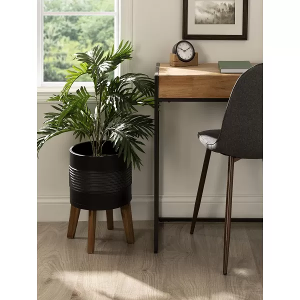 Kate and Laurel Gavri Farmhouse Freestanding Indoor Planter 1125 Inch Diameter Black and Rustic Brown Decorative Plant Stand with Wood Base and Iron Pot