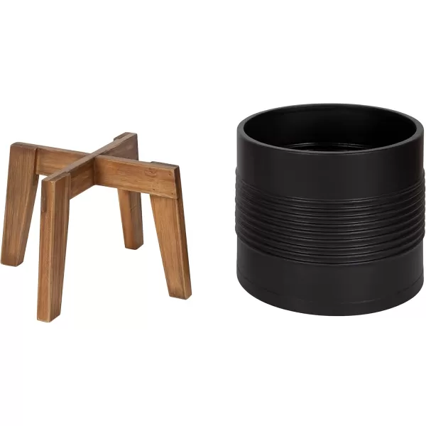 Kate and Laurel Gavri Farmhouse Freestanding Indoor Planter 1125 Inch Diameter Black and Rustic Brown Decorative Plant Stand with Wood Base and Iron Pot