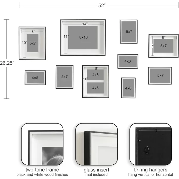 Kate and Laurel Gibson Transitional Picture Frame Set Set Of 10 Varying Sizes Black and White TwoTone Wall Frame Set Collection with Hanging Template for Gallery Wall Picture Frame DisplayBlackWhite
