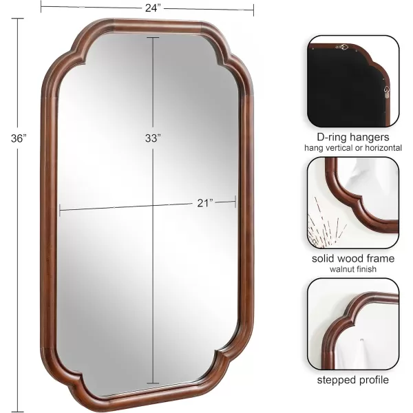 Kate and Laurel Glenby Transitional Scalloped Wall Mirror 24 x 36 Rustic Brown Wooden Farmhouse Bathroom Mirror with Rounded and Stepped Frame ProfileWalnut Brown
