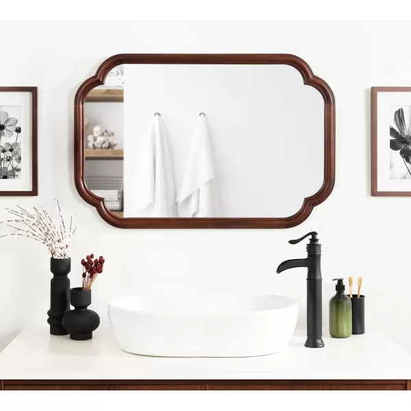 Kate and Laurel Glenby Transitional Scalloped Wall Mirror 24 x 36 Rustic Brown Wooden Farmhouse Bathroom Mirror with Rounded and Stepped Frame ProfileWalnut Brown