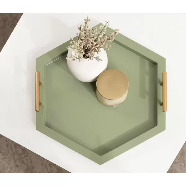 Kate and Laurel Halsey Decorative Hexagon Tray with Gold Metal Handles 18 x 16 Green and Gold Modern Glam Serving Tray with Handles for Living Room Decor