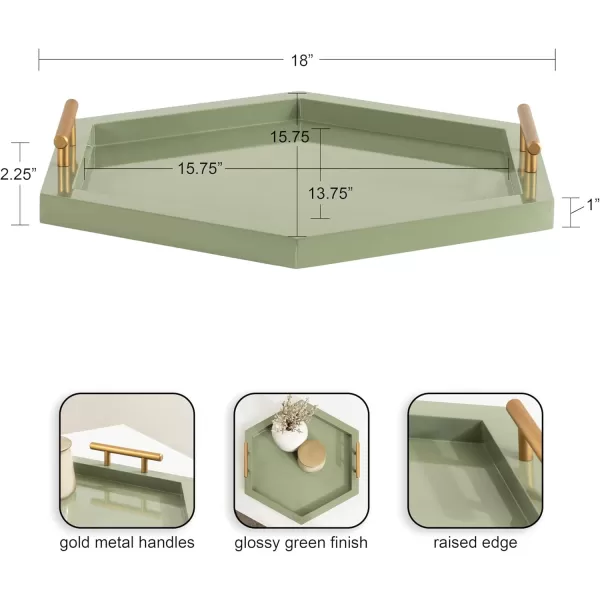 Kate and Laurel Halsey Decorative Hexagon Tray with Gold Metal Handles 18 x 16 Green and Gold Modern Glam Serving Tray with Handles for Living Room Decor